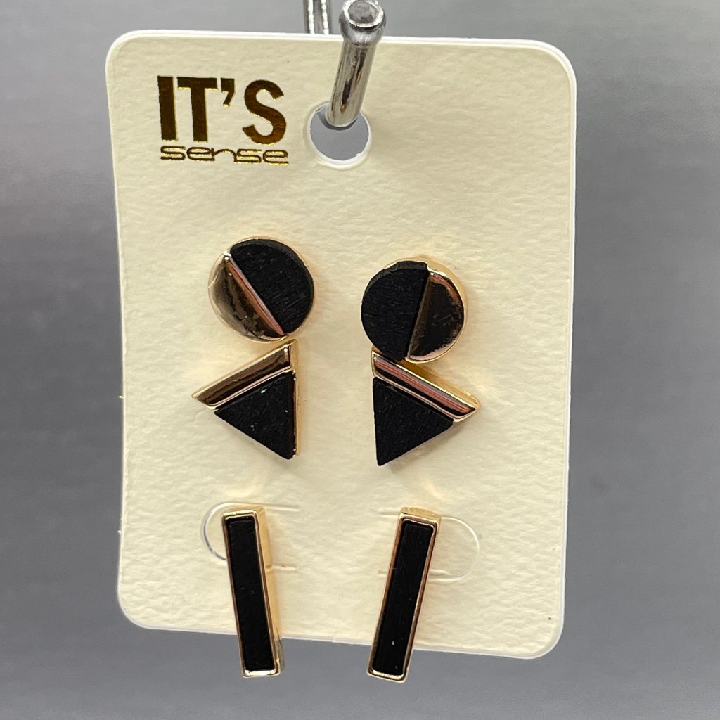 Wood Grain And Gold Tone Stud Earrings In Black